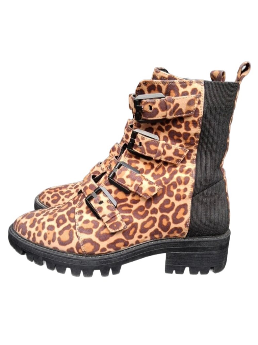 Design Lab Leopard Print Buckle Combat Boots, Size 9